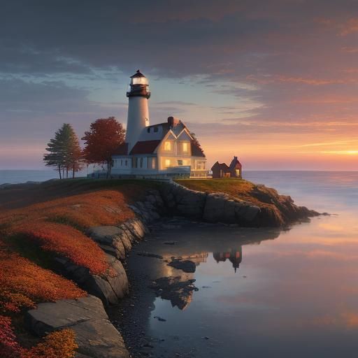 Maine Lighthouse at Sunset in Ethereal Style