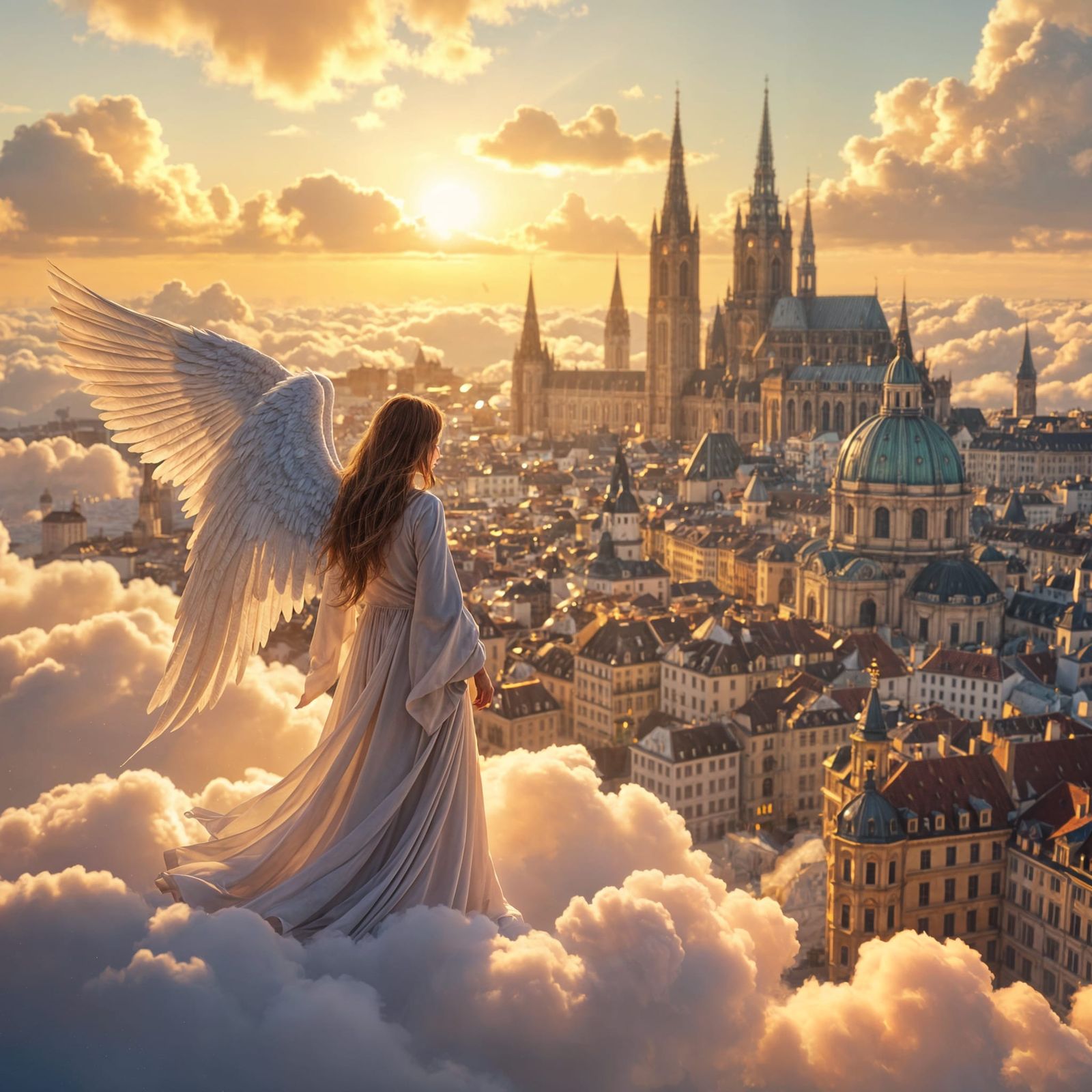Angelic Guardian Over European City in 3D Style