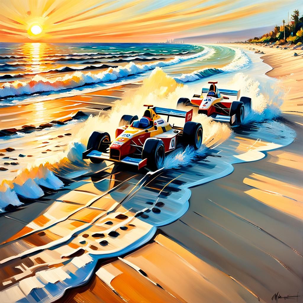 F1 Cars Racing on Beach as Impressionist Oil Painting