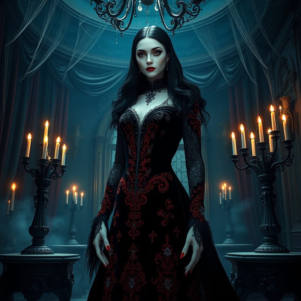 Elegant Morticia Addams in Haunting Victorian Mansion