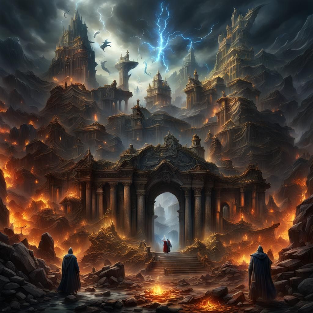 an image of the struggle between good and evil, with many small details, light that emerges from everything, with precis...