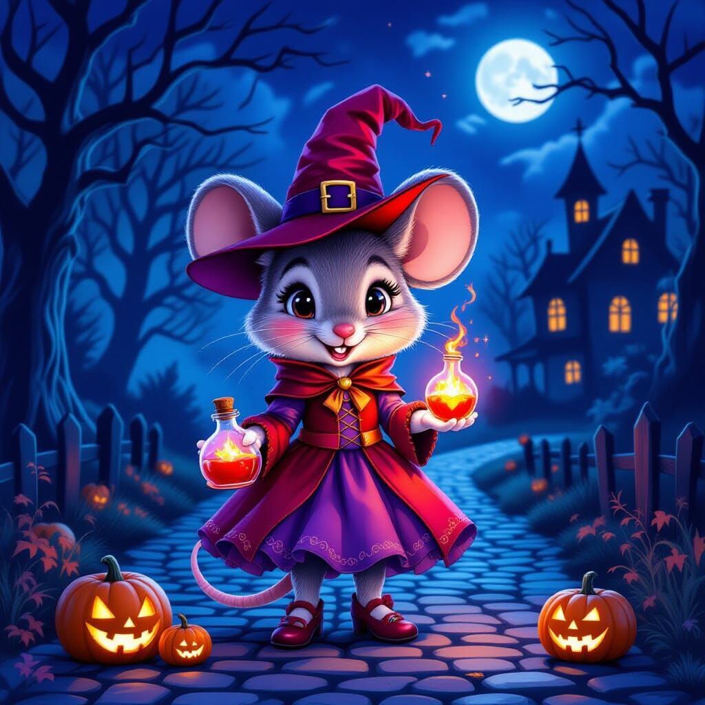 Adorable Mouse Witch in Halloween Costume Holding Magic Poti...