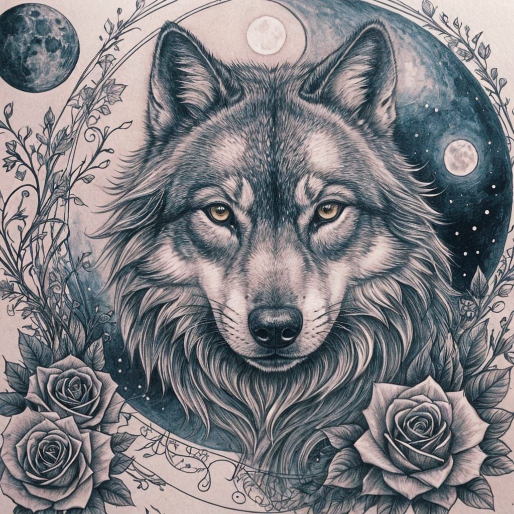 Wolf, Rose, and Moon Delicate Tattoo Design