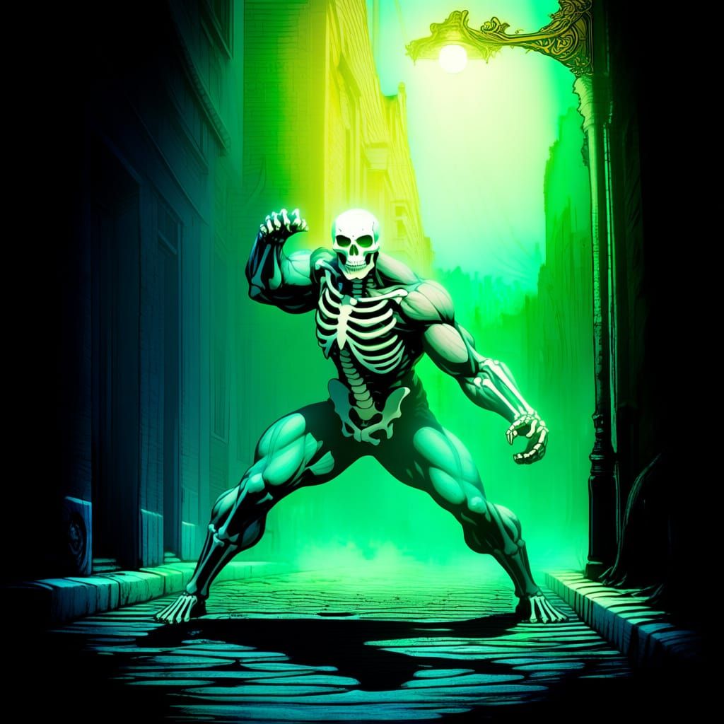 Skeleton Warrior Emerging From Dark Alley