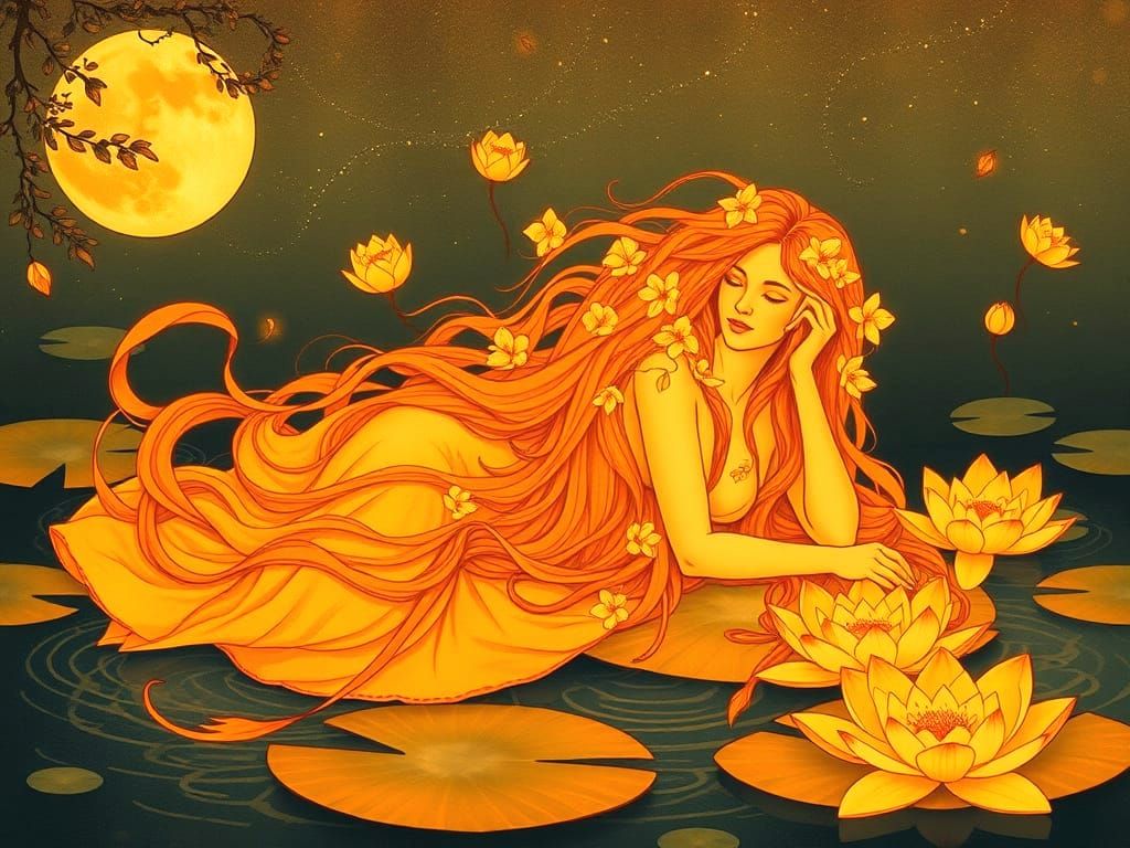 Art Nouveau Woman in Orange Tones with Bioluminescent Flower...