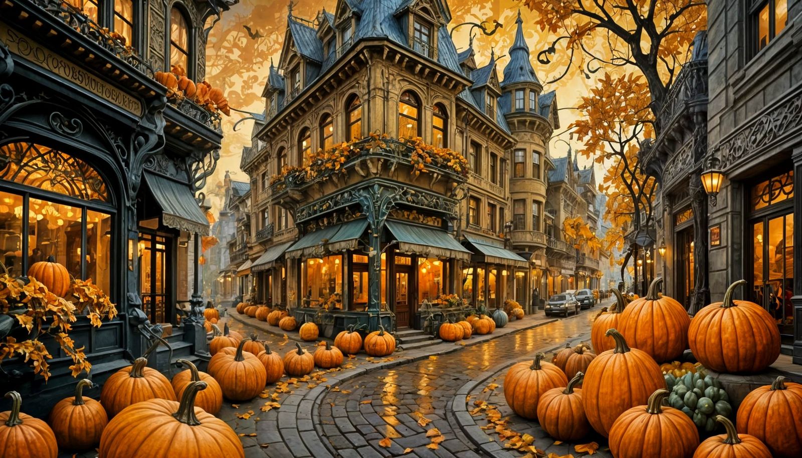 Art Nouveau Halloween Boulevard with Gourds