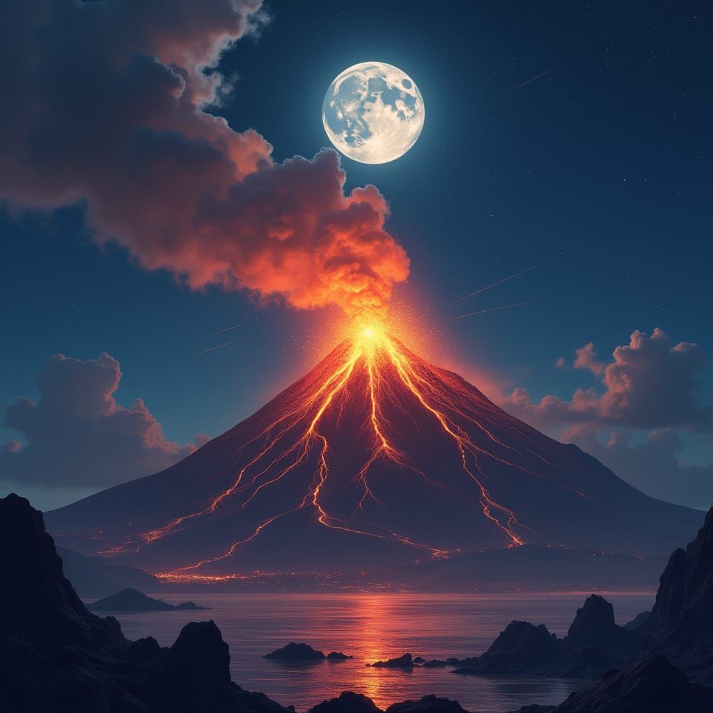 Volcano Eruption Under Moonlight in Fantasy Art Style