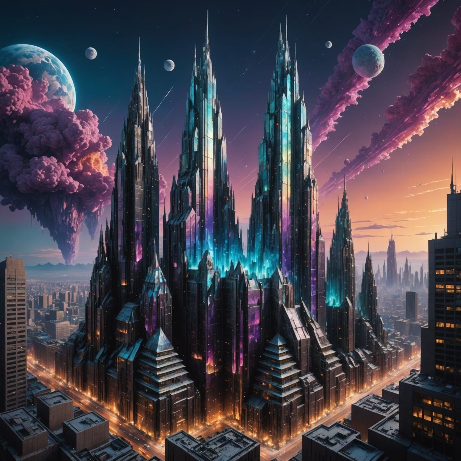 Bismuth Crystal Skyscrapers Reflecting Lunar Sky