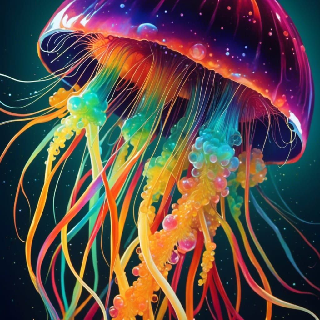 Rainbow Iridescent Glowing Jellyfish in Graffiti Art Style