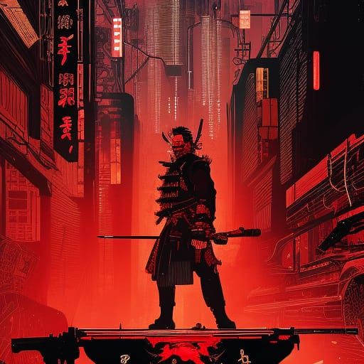 Cyberpunk Samurai Western Illustration in Grungy Style