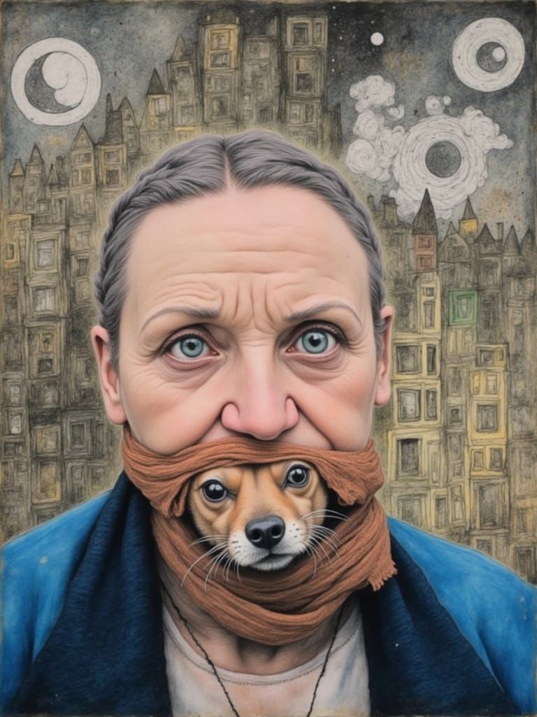 Post-Apocalyptic Wanderer with Dog in Oil Painting Style