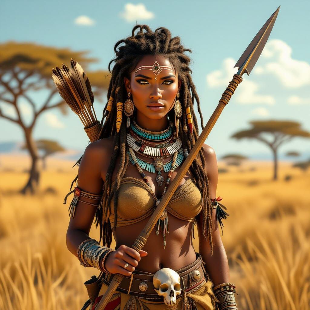Powerful Tribal Woman in Golden Savanna: Photorealistic Conc...