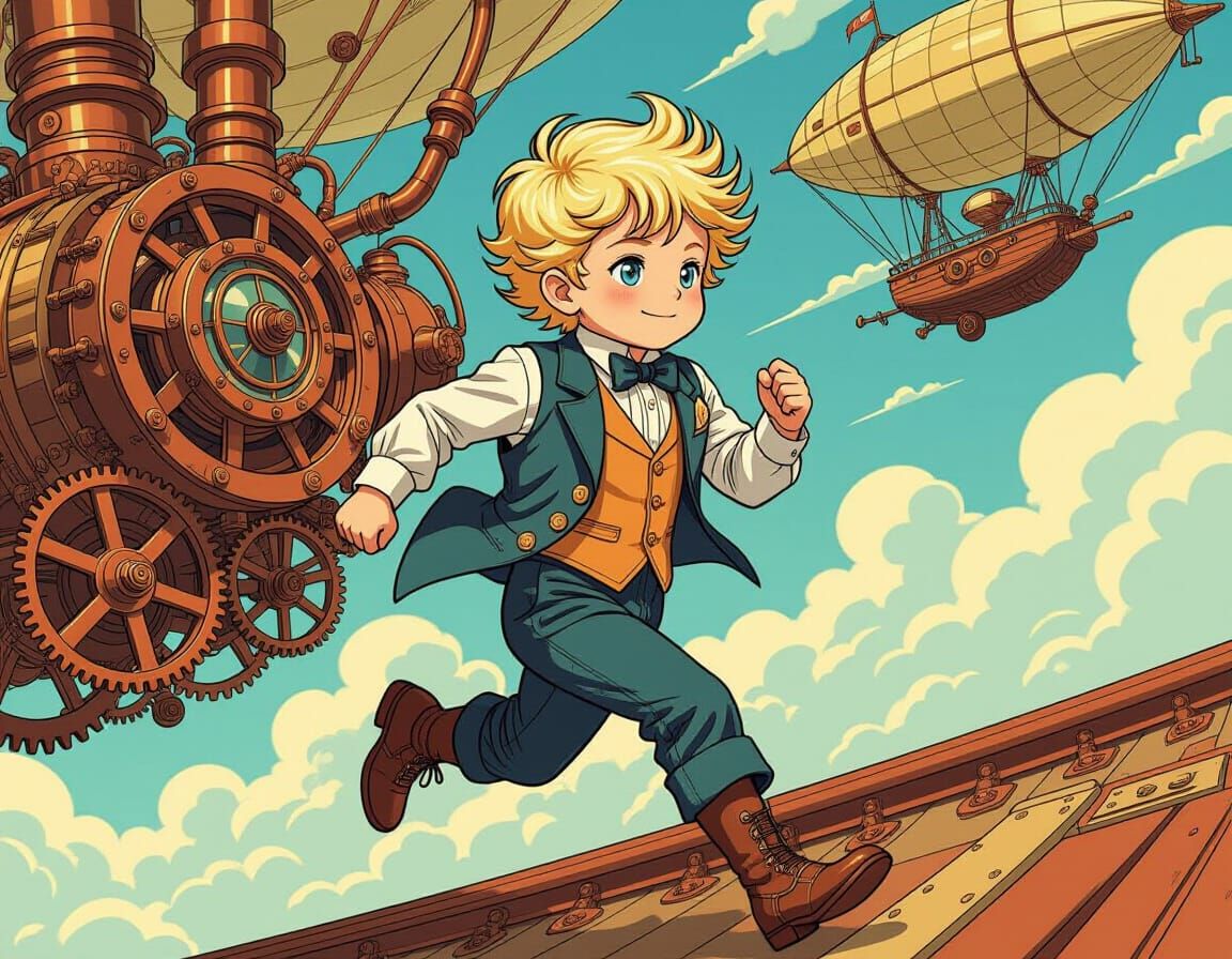 Anime Steampunk Boy Running in Vibrant Action Scene