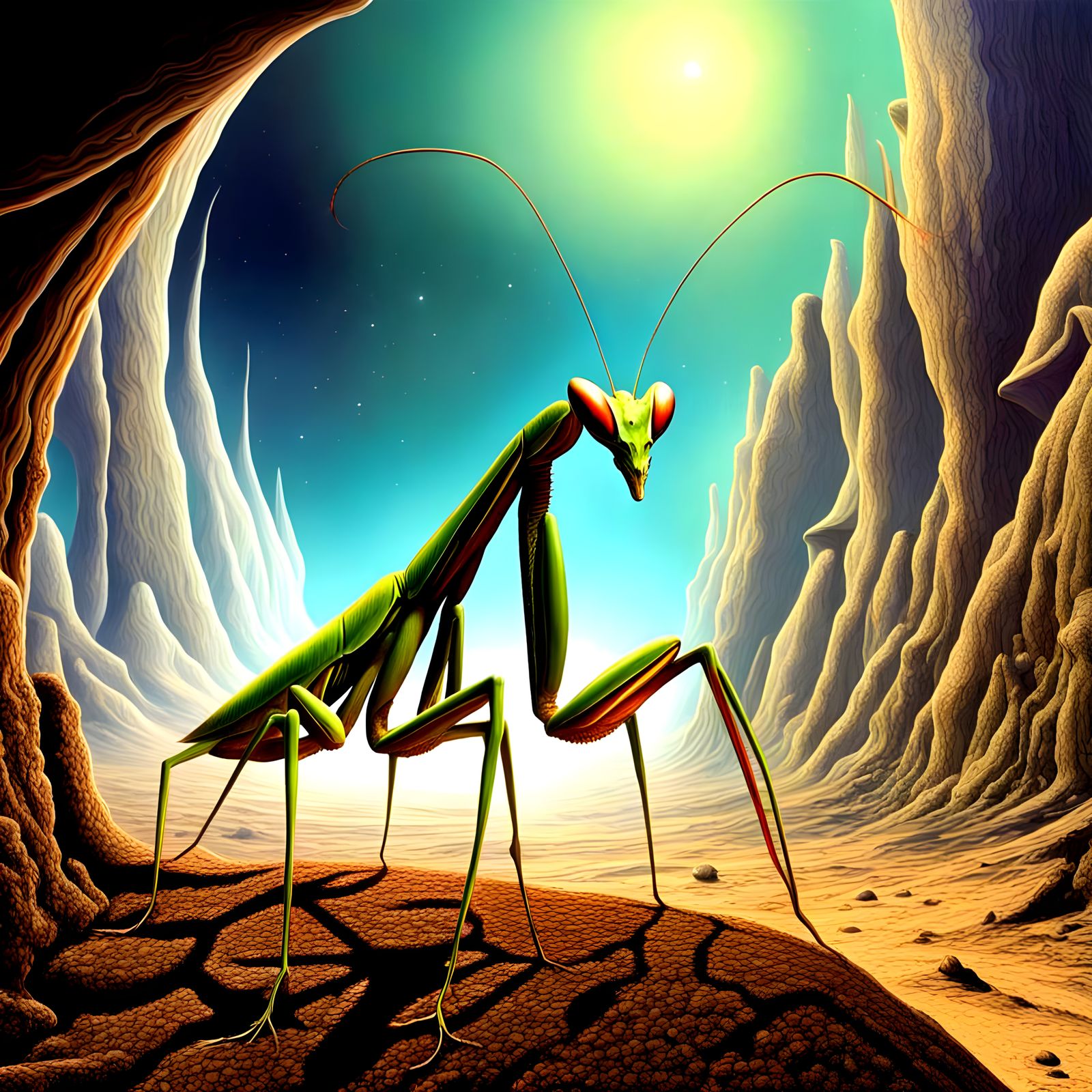 Uncanny praying mantis, alien landscape, distorted space, whimsical, high contrast, by johfra bosschart