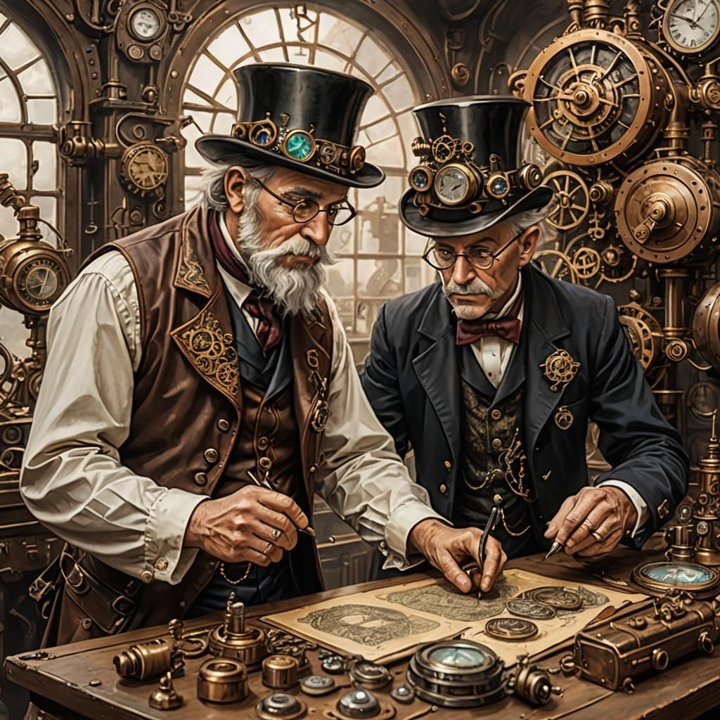 Steampunk Artificer Teaches Apprentice Intricate Gearwork