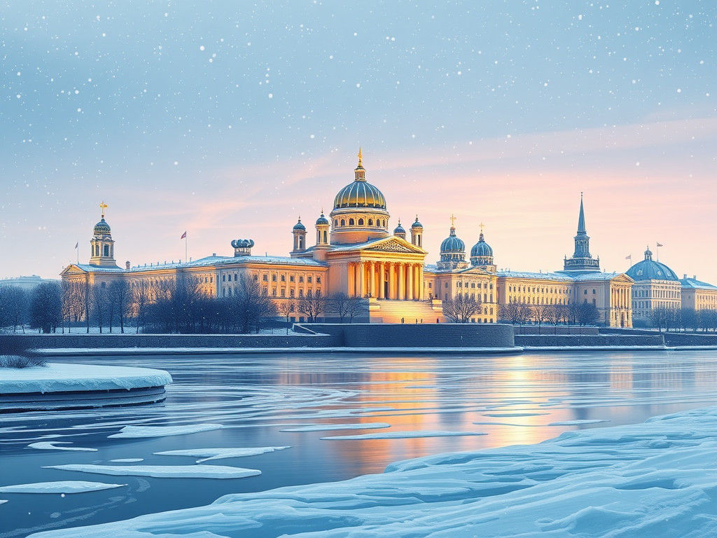 Saint-Petersbourg Skyline on a Winter Holiday Postcard