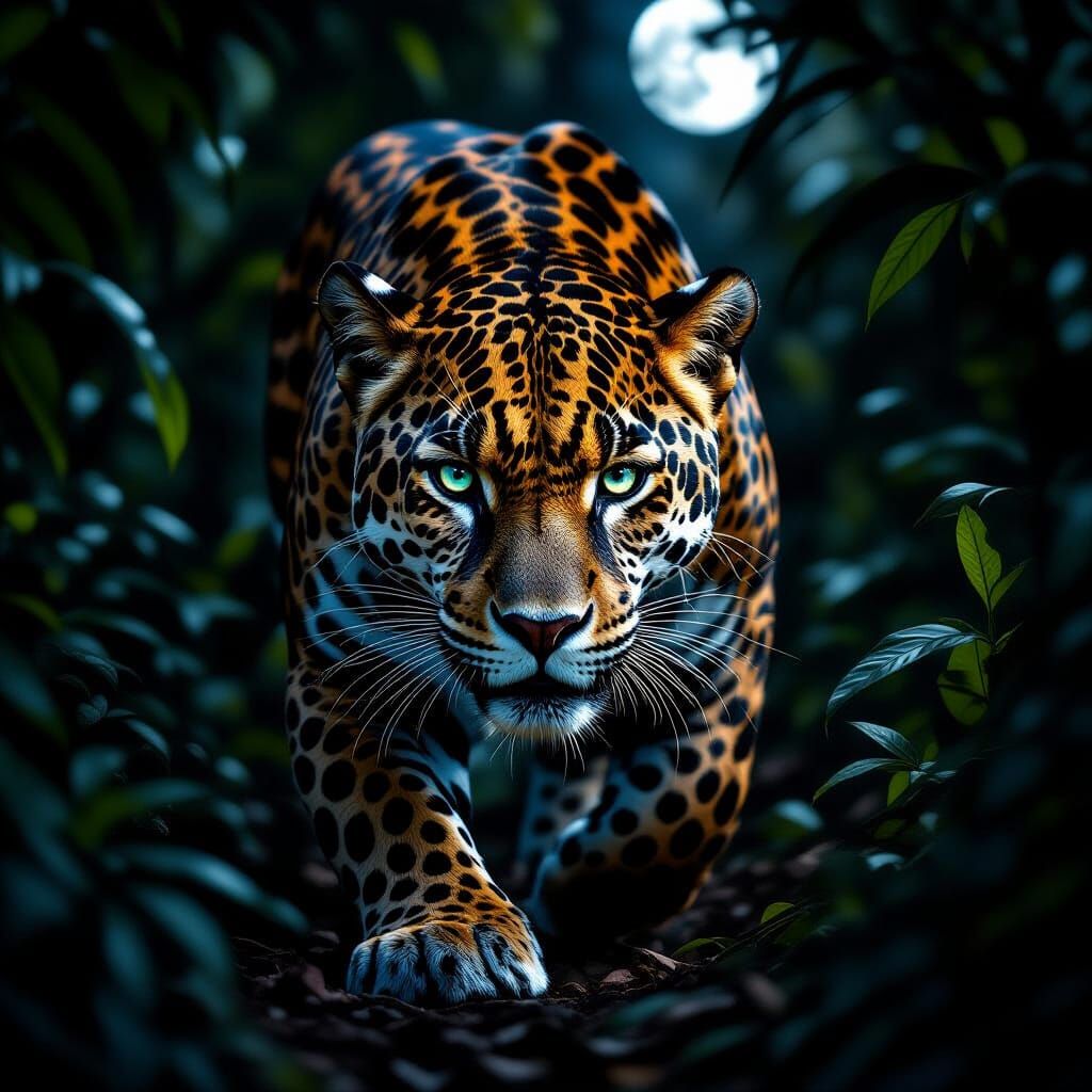 Hyper-Realistic Jaguar Stalking Jungle by Moonlight