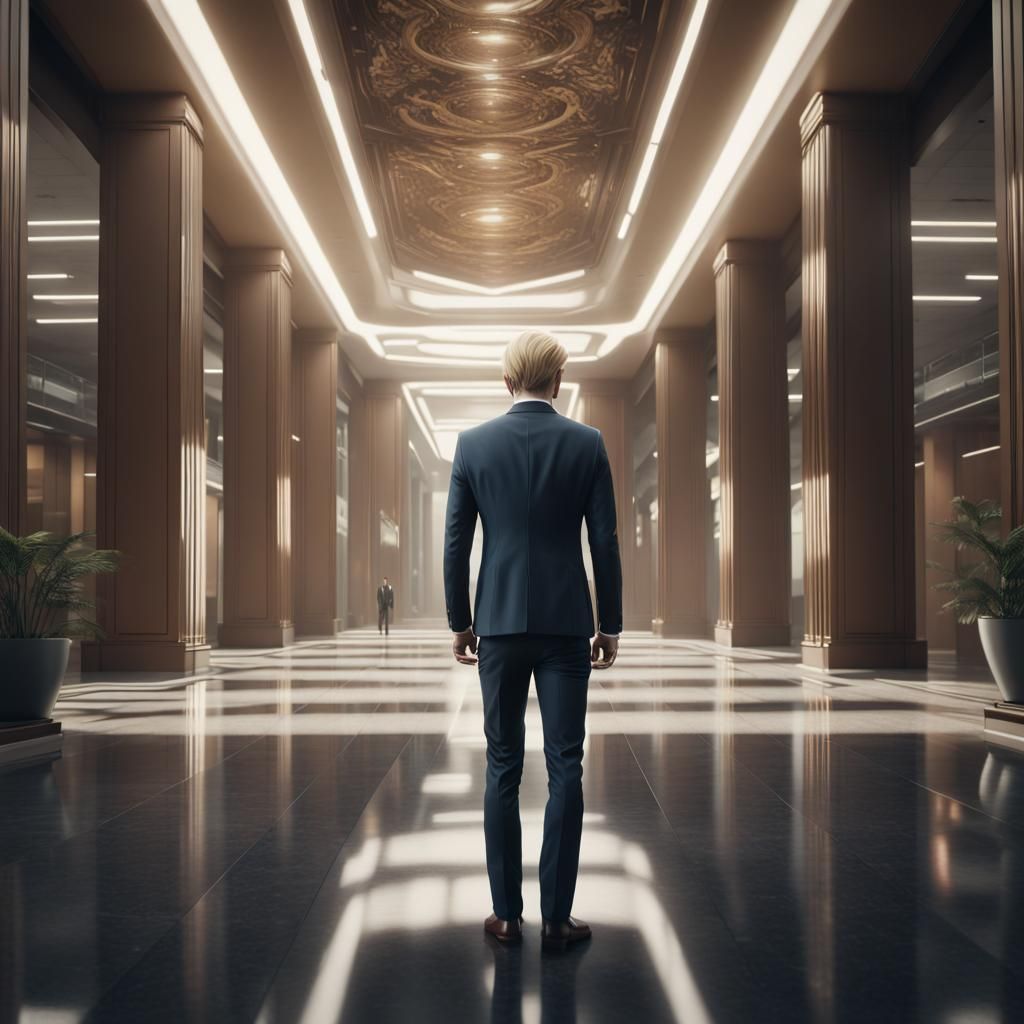 Blonde Man in Suit in Modern Lobby
