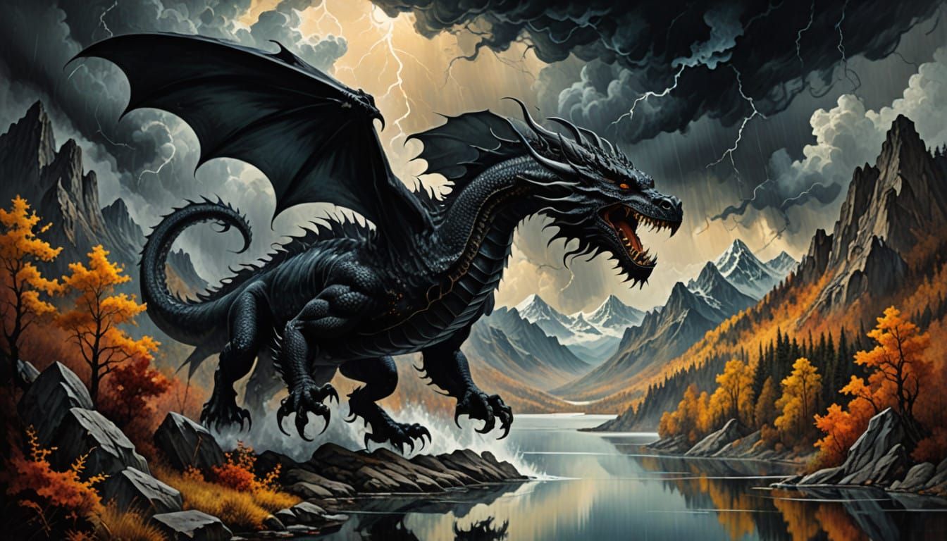 Majestic Black Dragon Soars in Turbulent Autumn Storm