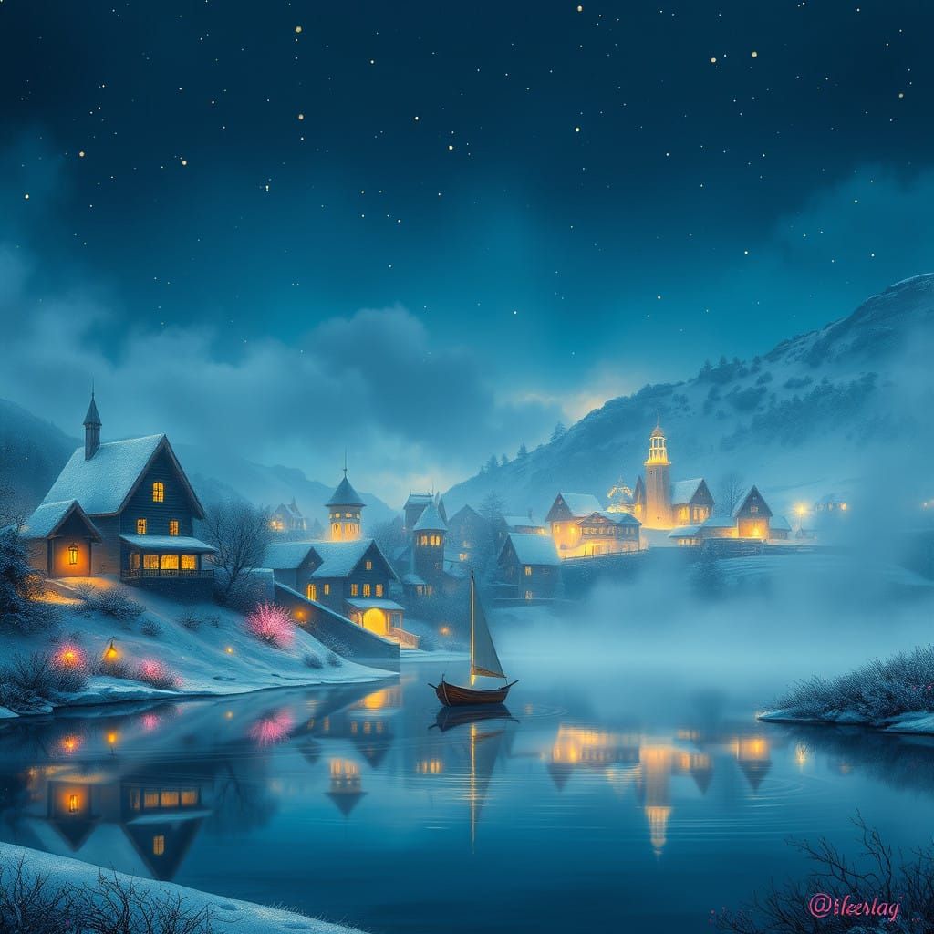 Dreamlike Village Under the Indigo Night Sky