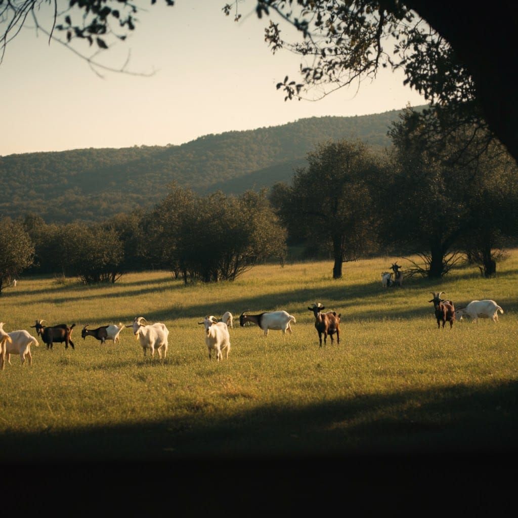 Goats Grazing in Sun-Drenched Field, Cinematic Still