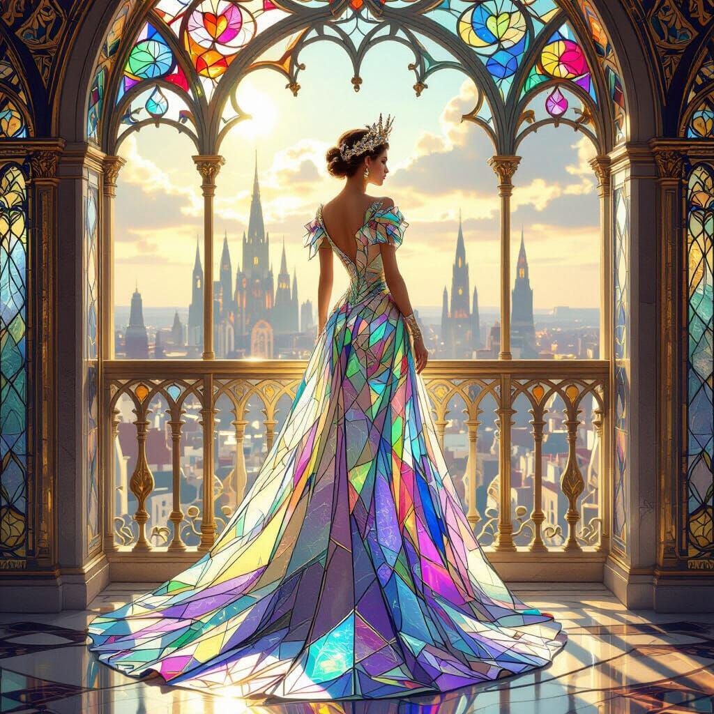 Regal Queen in Iridescent Glass Gown on Crystalline Balcony