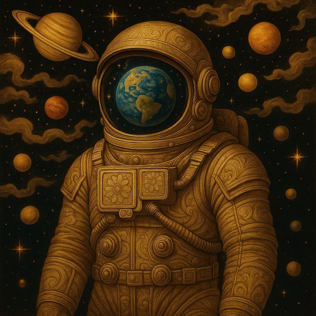 Majestic Astronaut Bridges Ancient and Modern in Cosmic Gold...
