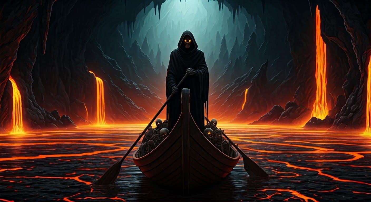 Charon Navigating Lava Rivers of the Underworld
