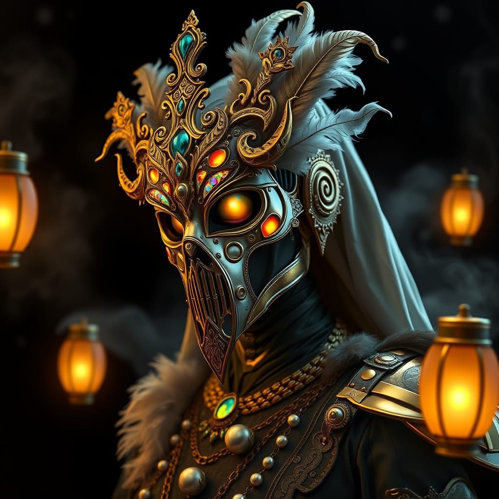 Cybernetic Goddess in Iridescent Carnival Mask