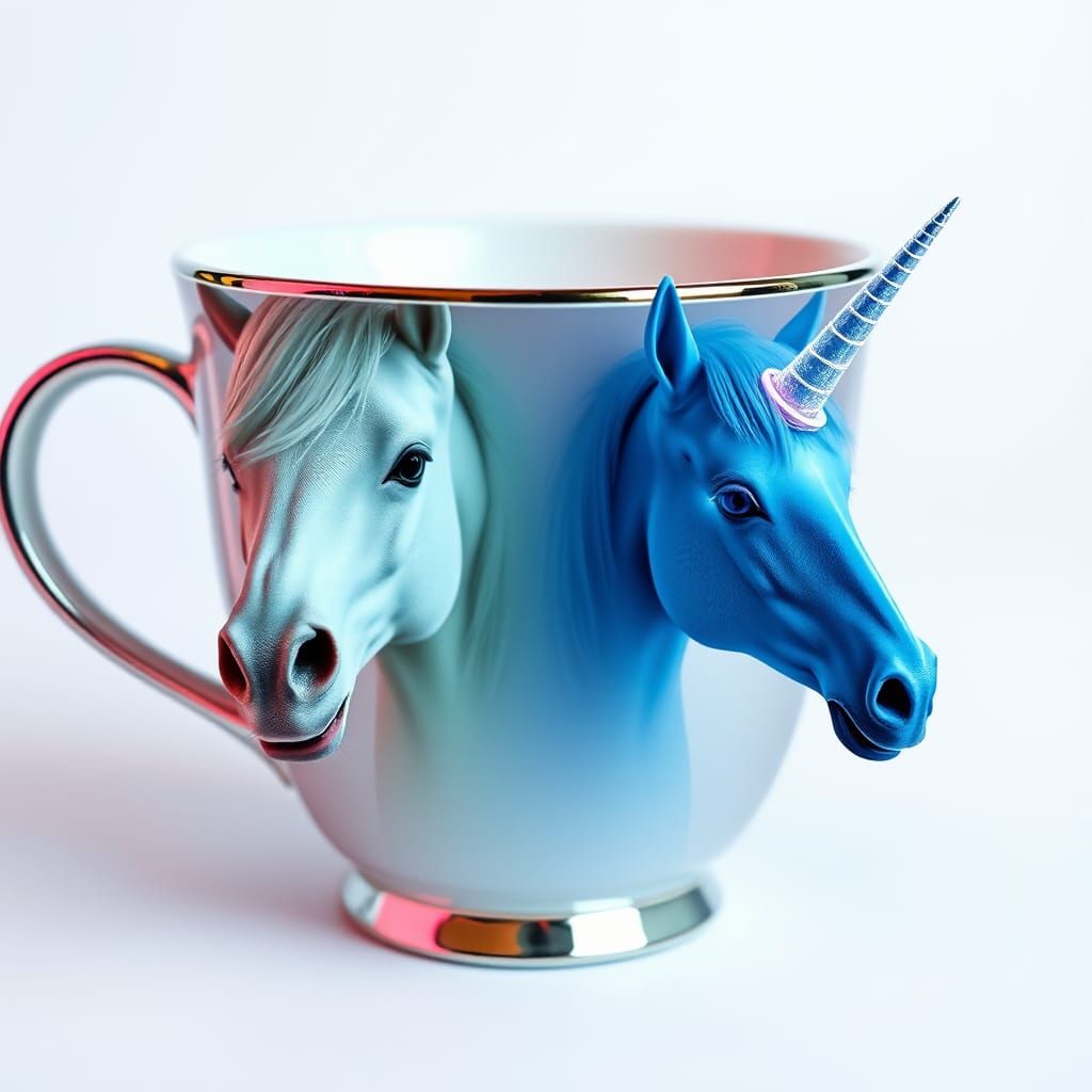 Unicorn Face Reflected in Metallic Teacup