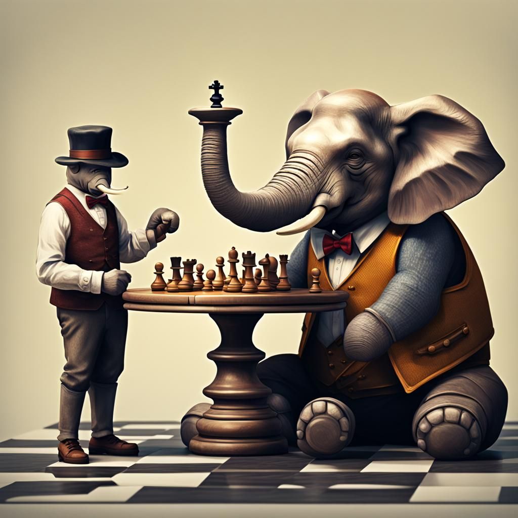 Elephant and Pigman Play Chess: Hyperdetailed 8k Art