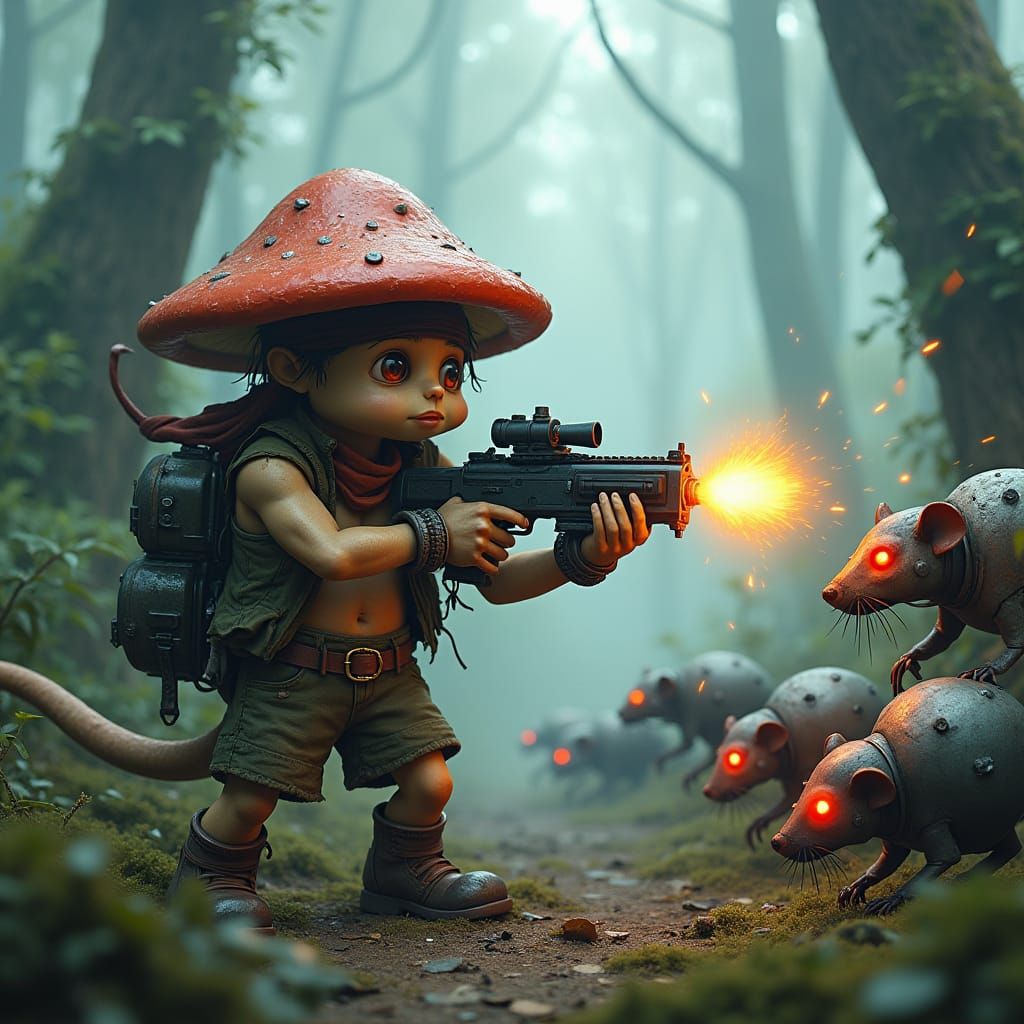 Mushroom Rambo vs. Robot Rats in Apocalyptic Forest