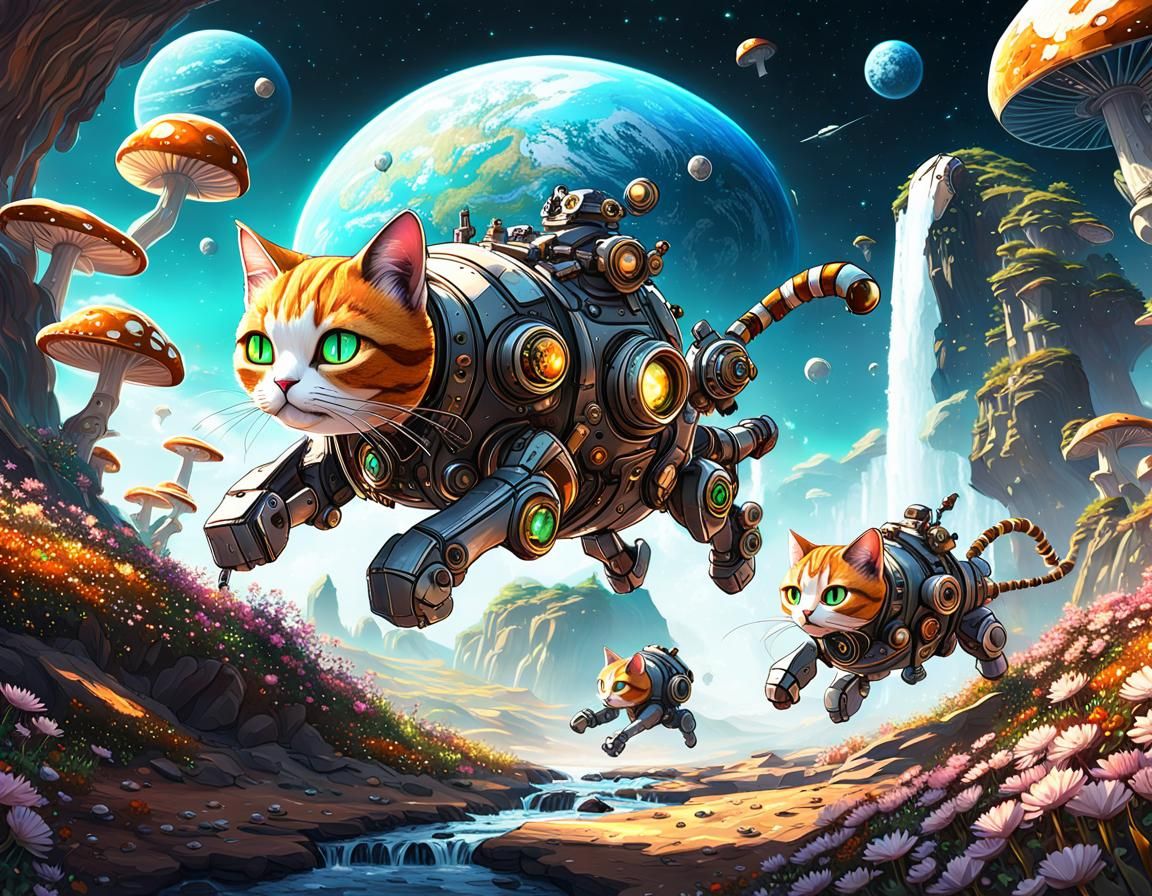 Steampunk Robotic Cats on Planets, Digital Art