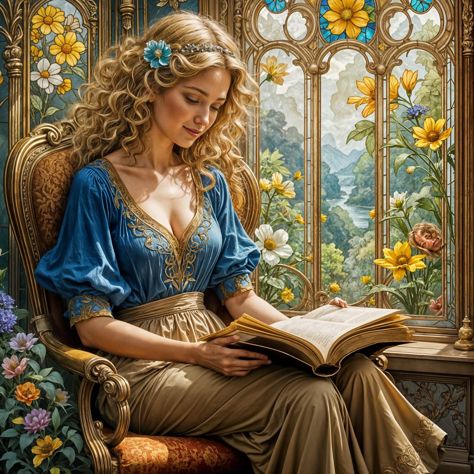 Art Nouveau Woman Reading by Stained Glass Window