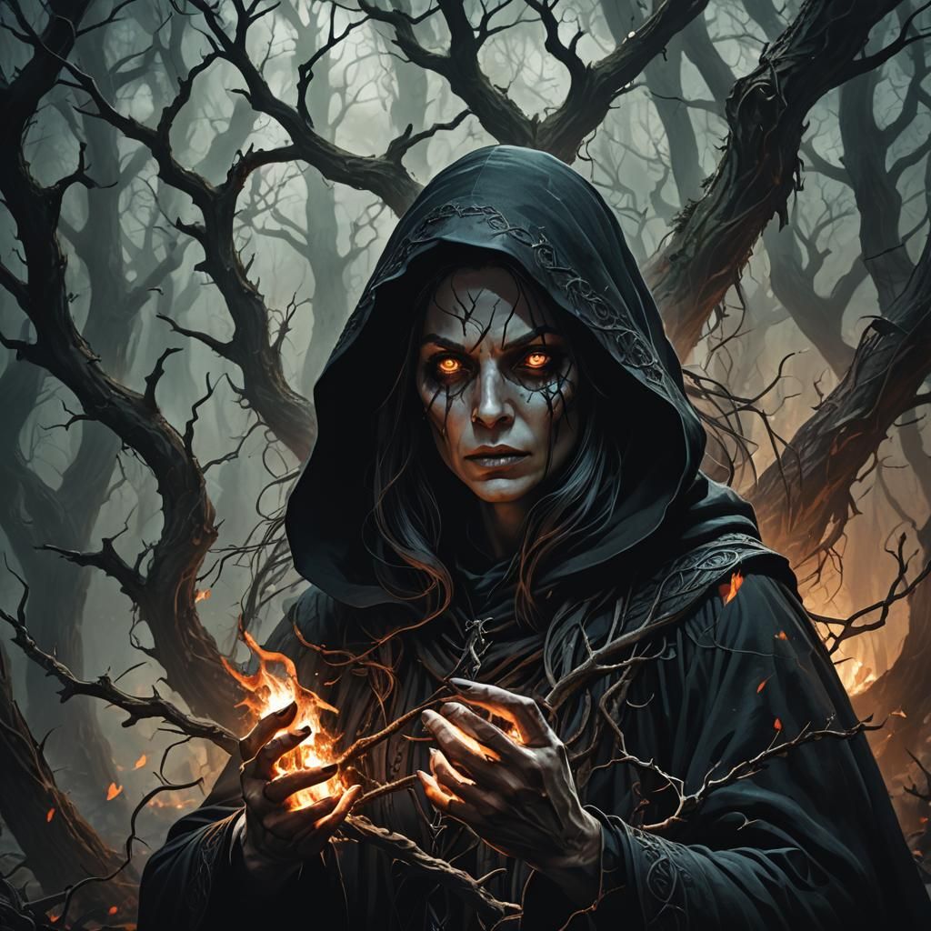 Mystical Witch Summons Elemental Forces in Dark Forest