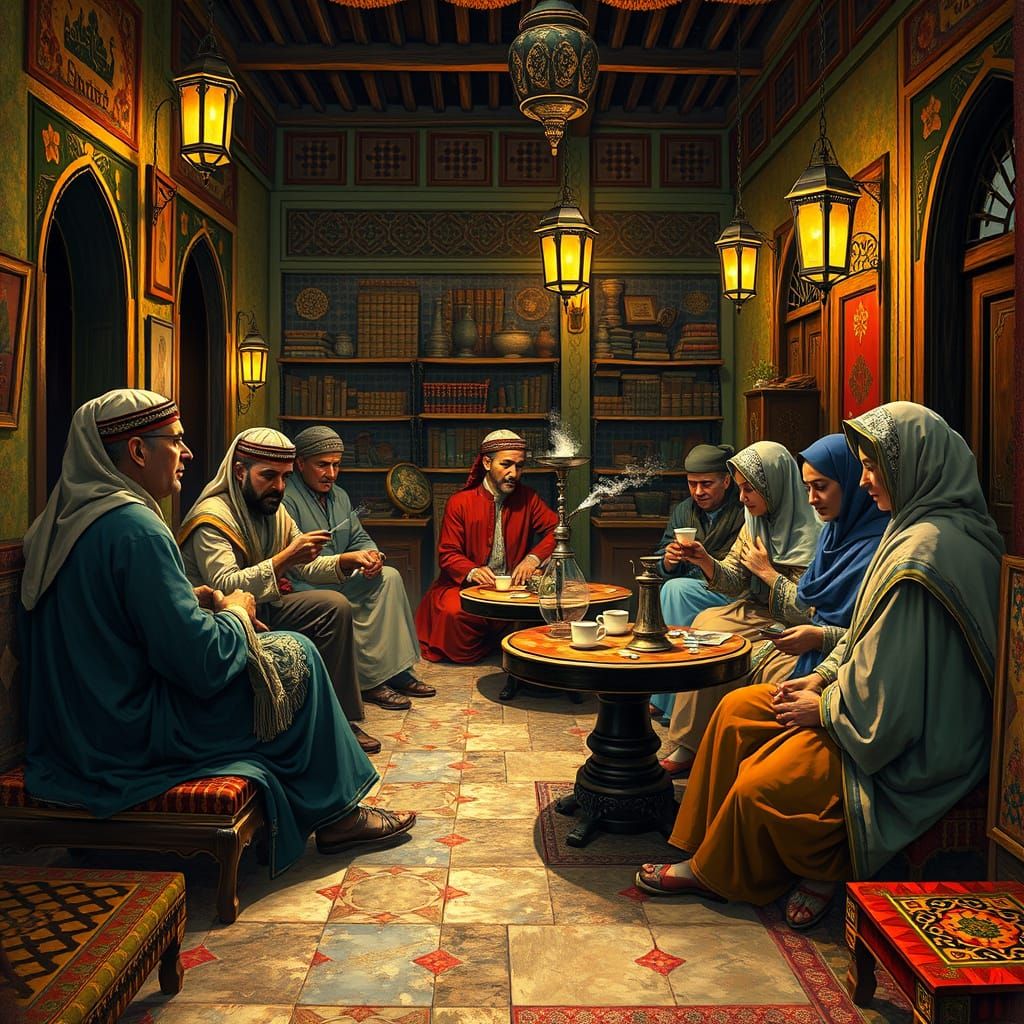 Vibrant Arab Coffee House in 1900s Marrakesh