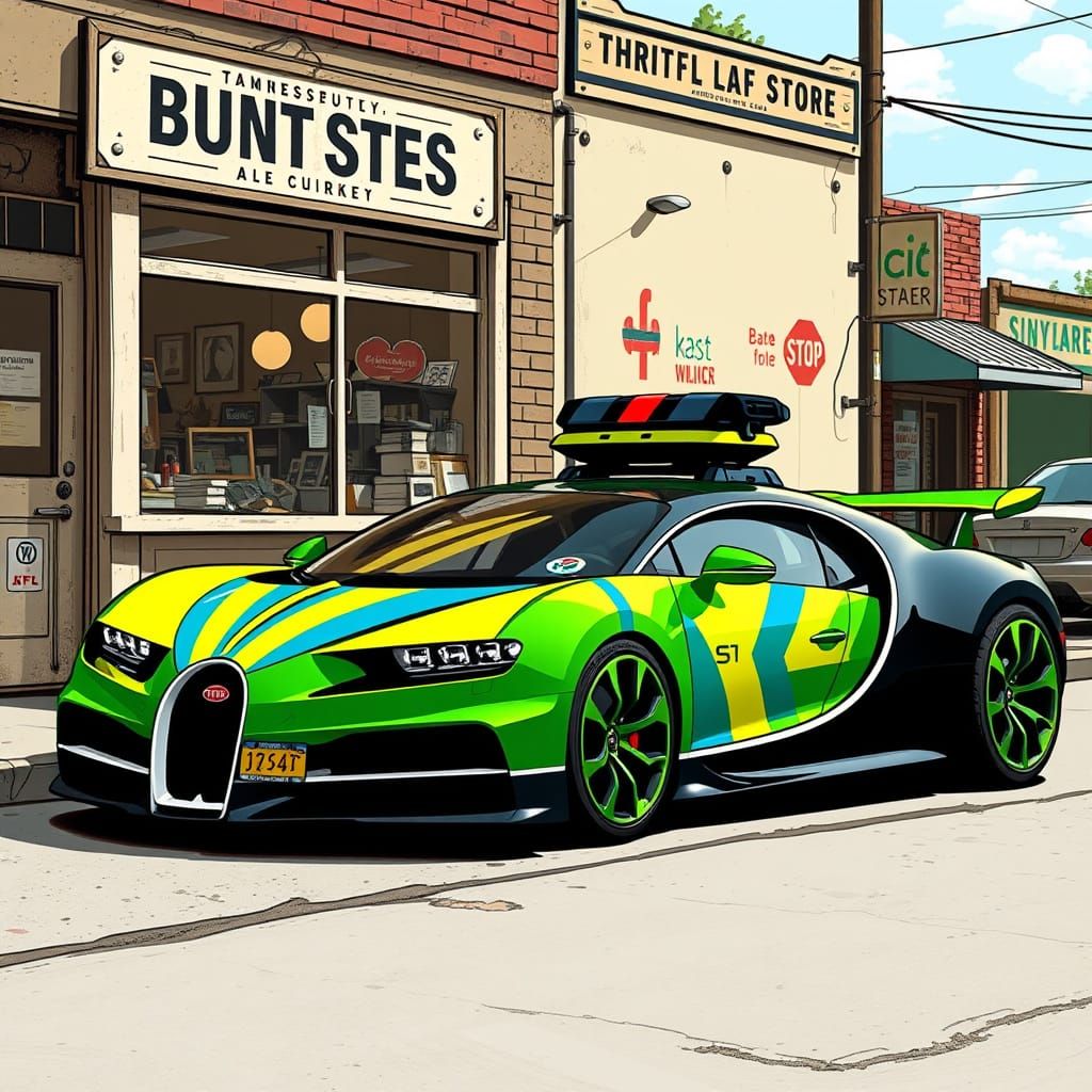 Electric Green Bugatti Police Car Beside Vintage Thrift Stor...