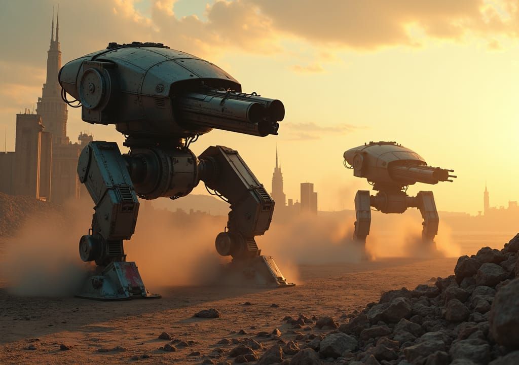 Armored Mechanoid War Machines in Post-Apocalyptic Wasteland