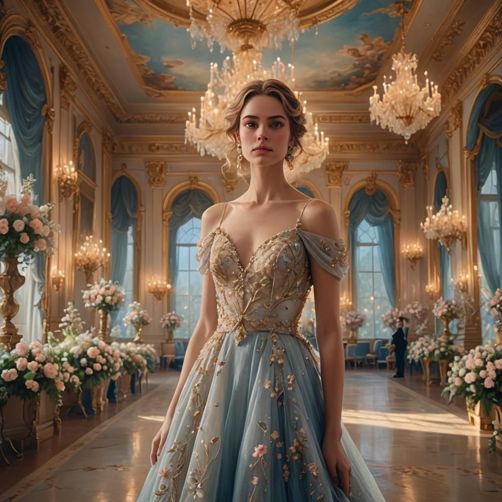 Opulent Ballroom Scene with Elegant Woman