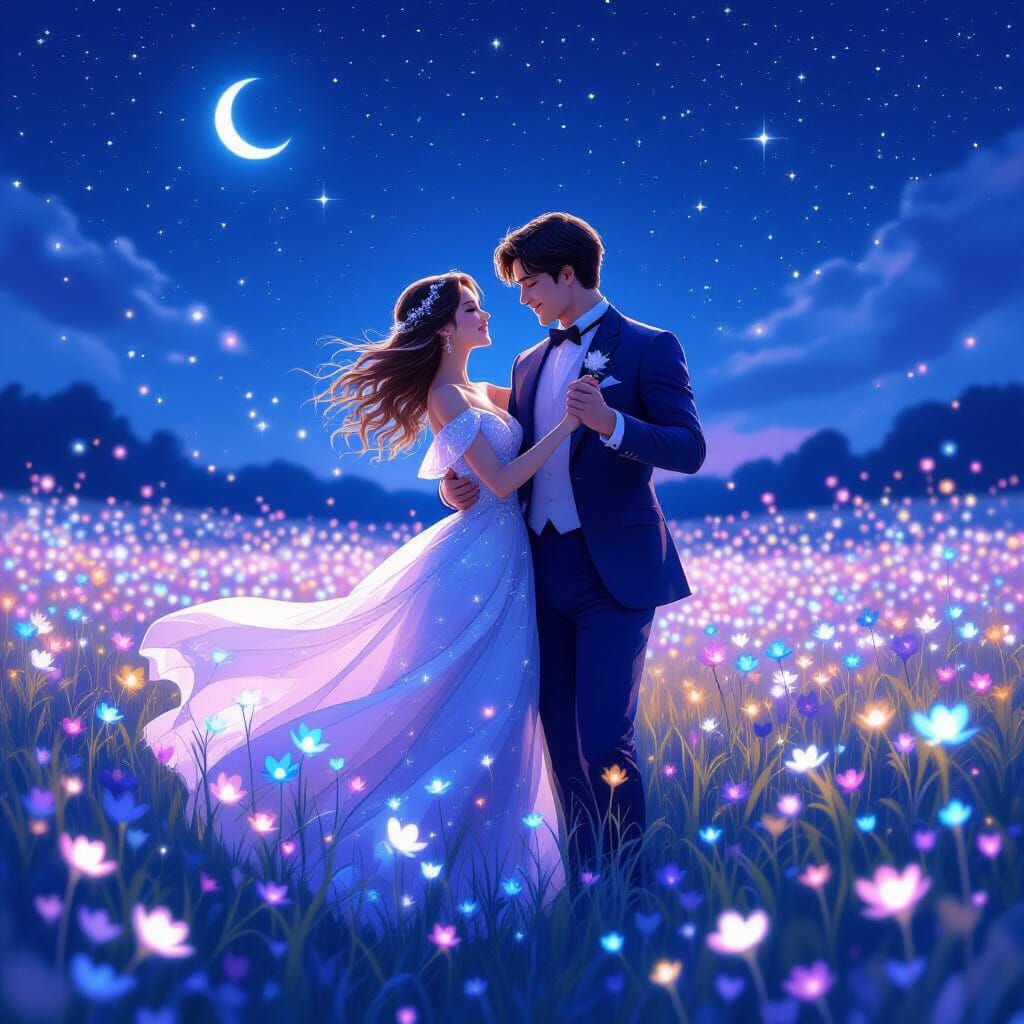 Romantic Waltz Under Bioluminescent Stars in Art Nouveau Sty...