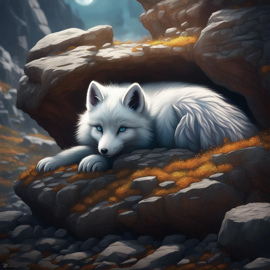 Baby Arctic Fox in Fantasy Landscape Painting