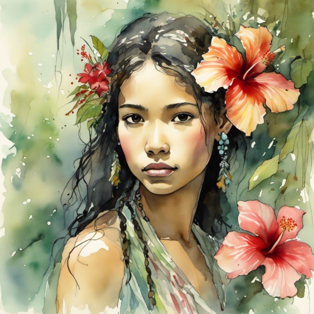Young Hawaiian Girl Portrait with Tropical Flowers