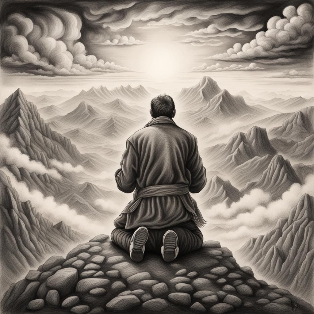 Man Praying in Mountains, Charcoal Drawing