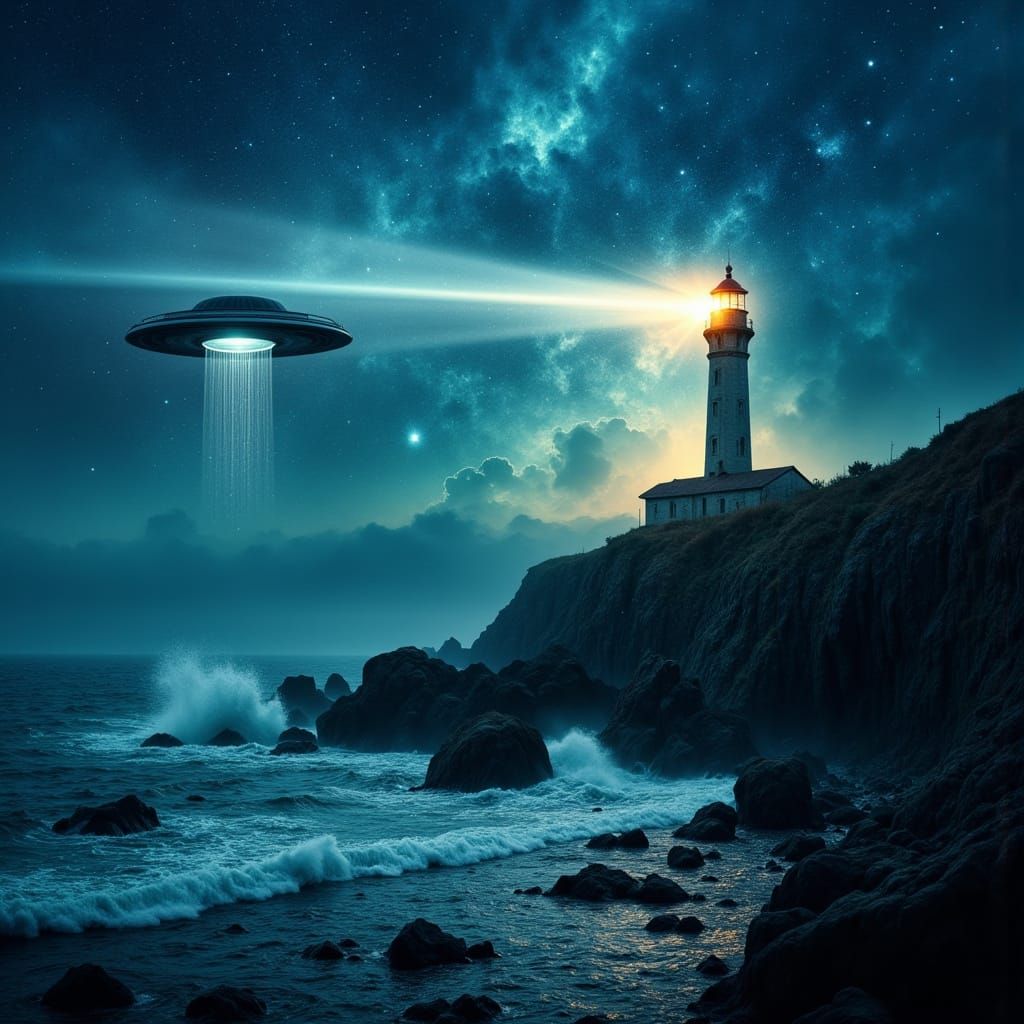Lighthouse Illuminates UFO in Surreal Double Exposure