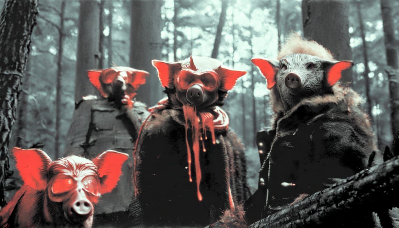 Horrifying Ape and Pig Portrait in Dark Forest