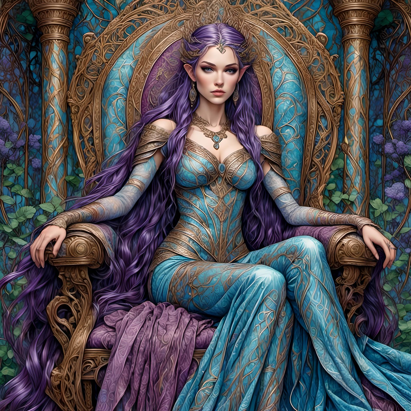 Elven Queen on Throne: Hand-Drawn Fantasy Art