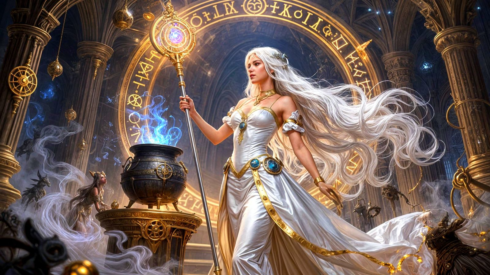 Steampunk Sorceress Casting Spells in Chamber