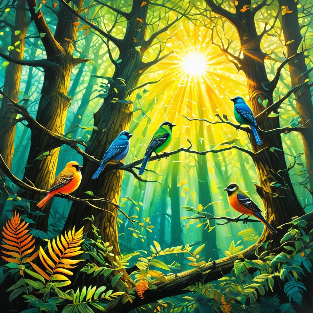 Fluorescent Birds in Sparkling Forest: Airbrush Art