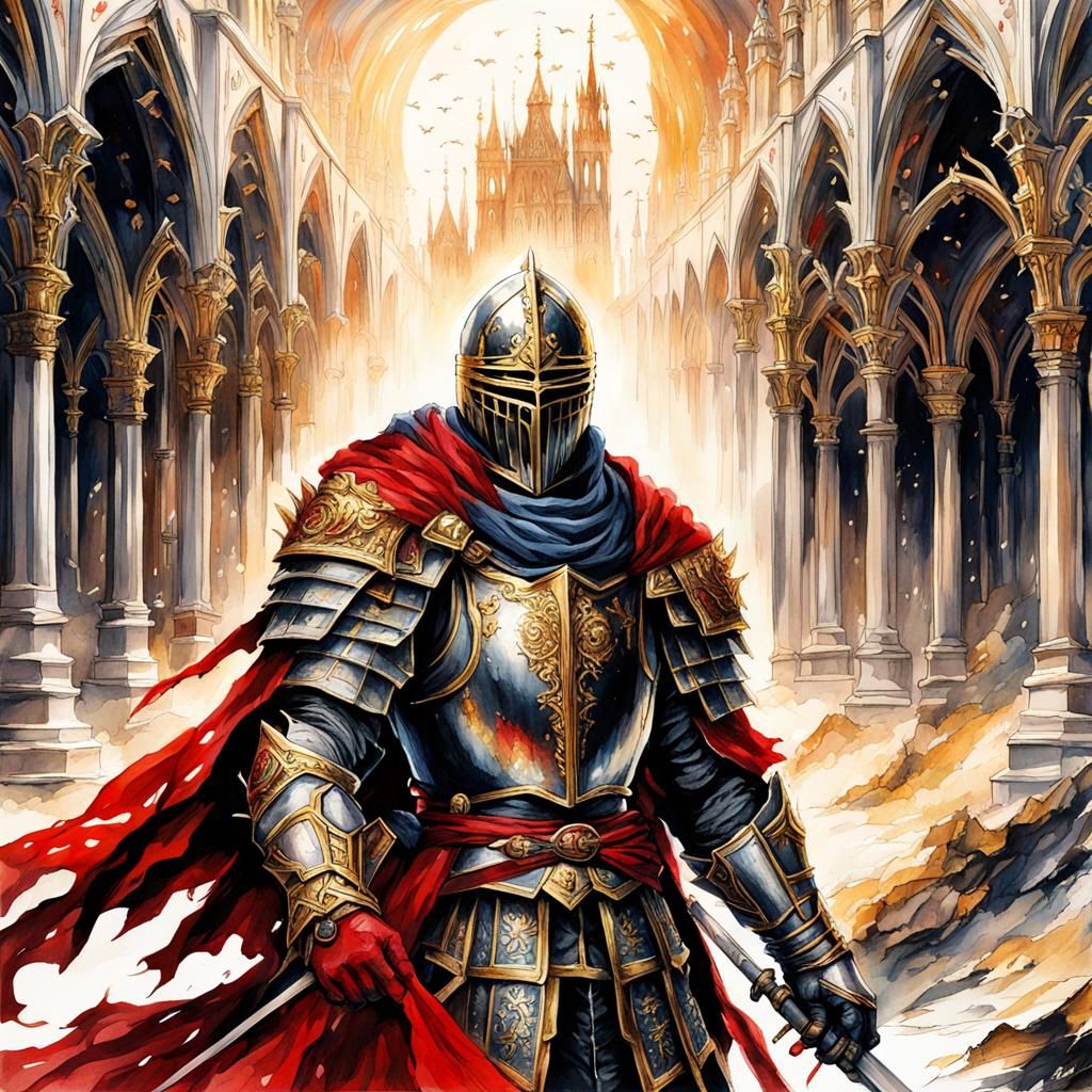 Gothic Knight with Crimson Cloak in Sunlight