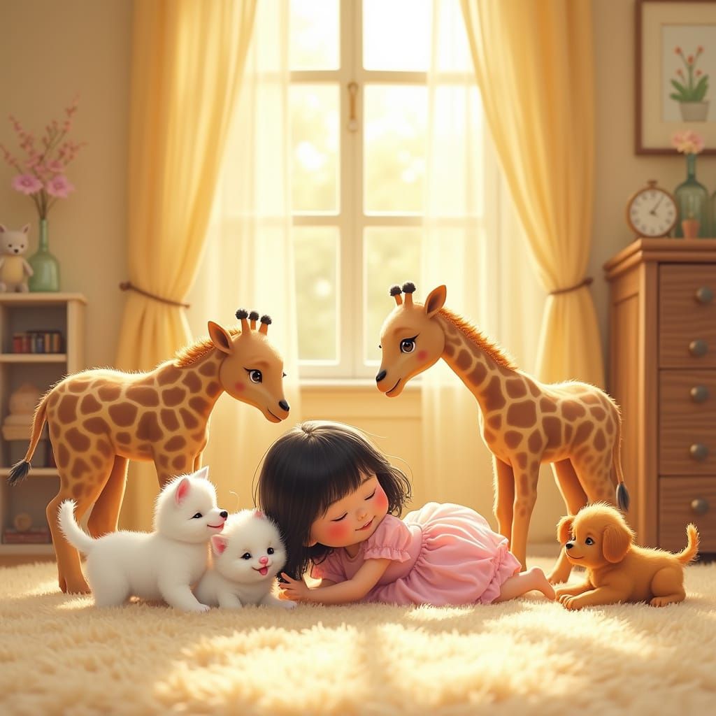 Whimsical Dream Bedroom Scene with Animals and Joy